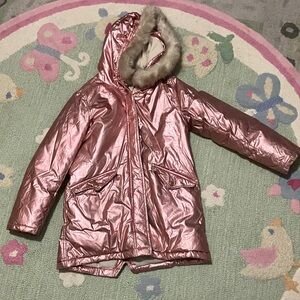 CrewCuts Metallic Pink Hooded Coat with Faux Fur Trim